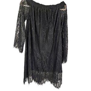 Retro Floral Lace Off Shoulder Dress M Black Fringe Witchy Grunge Neutral Chic